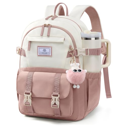 LOVEVOOK School Backpack for Teen Girls, Bookbag for 8-16 Student, Middle High College Back to School Cute Kids Backpack, 15.6 Inch, Pink-beige - color: Pink-beige, size: 15.6 Inch