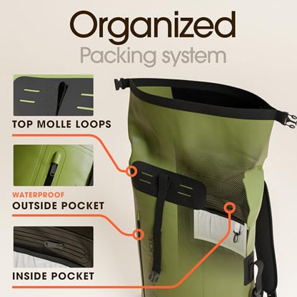 Earth Pak Waterproof Backpack - Heavy Duty Hiking Backpack - Roll-Top Closure Bag - Cushioned Dry Bag Waterproof Phone Case - color: Green, size: 35L