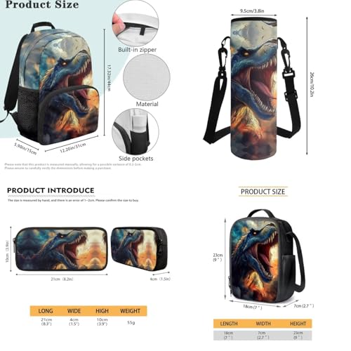 JEOCODY T-Rex Backpack Kids School Bag with Lunch Bag Pencil Case Water Bottle Holder Set of 4 Cool Dinosaur Bookbag for Boys Girls Lightweight Casual Daypack for Travel Hiking - color: Cool T-rex Printed