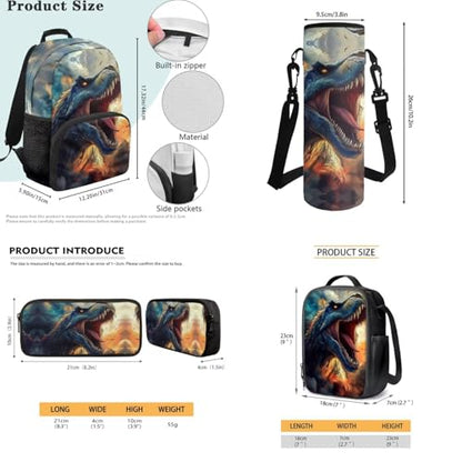 JEOCODY T-Rex Backpack Kids School Bag with Lunch Bag Pencil Case Water Bottle Holder Set of 4 Cool Dinosaur Bookbag for Boys Girls Lightweight Casual Daypack for Travel Hiking - color: Cool T-rex Printed