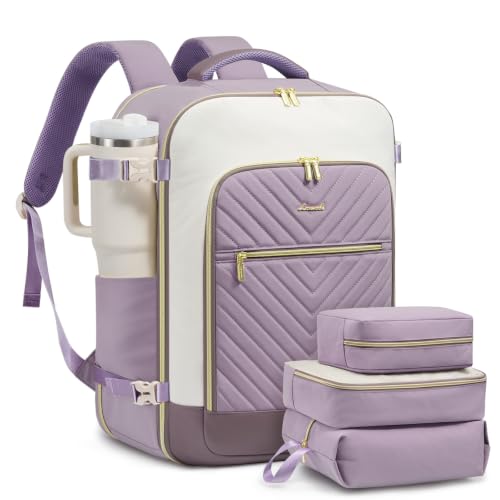 LOVEVOOK Large Travel Backpack for Women, TSA Carry on Backpack for Airplanes, 40L Personal Item Travel Bag for Women fits 17" Laptop,Waterproof Carry on Bag Airplane Approved with 3 Packing Cubes - color: Light Purple, size: 40L-4Pcs