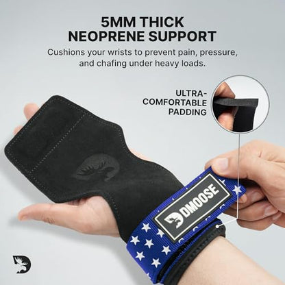 DMoose Fitness Weight Lifting Hooks (Pair) for Deadlifts, Pull Ups, Rows & Shrugs - Anti-Rip Nylon Strap Hand Grips with Thick Wrist Padding - Heavy Duty Wrist Straps for Weightlifting & Gym Workouts - color: American Lifting Grip