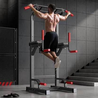 SogesPower Power Tower Pull Up Dip Stand Multi-Function Adjustable Height Workout Equipment Dip Station Fitness Strength Training for Home Gym 330LBS - color: Black