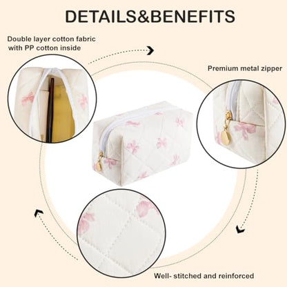 Cute Floral Makeup Bag Small Cotton Quilted Cosmetic Bag, Aesthetic Essential Bag Emergency Bag Gift for Women Girls Travel Accessories (Pink Small Bowknot) - color: A3 Pink Small Bowknot