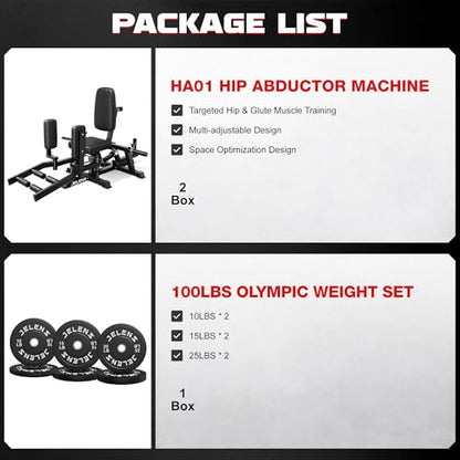 JELENS HA01 Hip Abductor Machine, Abduction Adduction Machine with Adjustable Resistance, Plate Loaded Inner and Outer Thigh Trainer for Home Gym - size: 100LB Black Weights Package