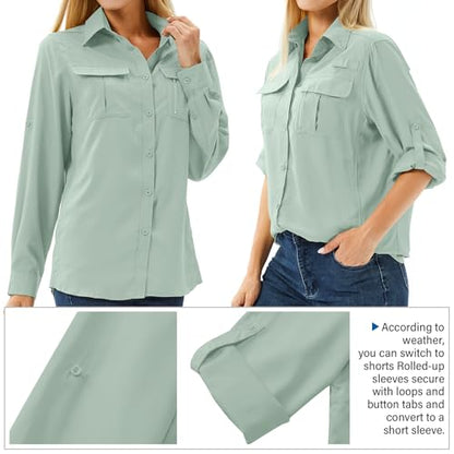 Women's UPF 50 Long Sleeve Sun Protection Safari Fish Hiking Shirts - color: Bean Green, size: X-Small