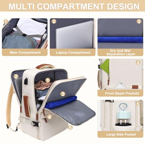 MOSISO Travel Backpack, 40L Carry on Laptop Backpack, 17-17.3 inch Airline Approved Luggage Bag with USB Port&Hidden Shoulder Strap, Casual Daypack with Toiletry Bag&Shoe Pocket, Beige