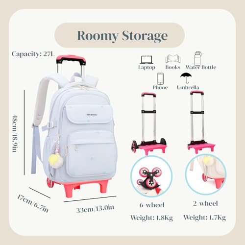 EKUIZAI Solid Girls Rolling Backpack for Kids Roller Bookbag with Wheels for Middle School Students Girls Trolley Backpack, White - color: A-6-wheel White, style: 6 Wheels
