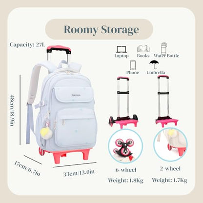 EKUIZAI Solid Girls Rolling Backpack for Kids Roller Bookbag with Wheels for Middle School Students Girls Trolley Backpack， Black - color: A-6-wheel Black, style: 6 Wheels