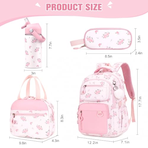 Bevalsa Backpack for Girls, School Bookbag Teen Girls Backpack Set with 14oz Insulated Water Bottle Stainless Steel, Lunch Bag & Pencial Case for Kids Elementary Middle Student (Pink Floral) - color: Pink Flower