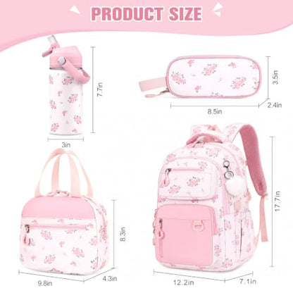 Bevalsa Backpack for Girls, School Bookbag Teen Girls Backpack Set with 14oz Insulated Water Bottle Stainless Steel, Lunch Bag & Pencial Case for Kids Elementary Middle Student (Pink Floral) - color: Pink Flower