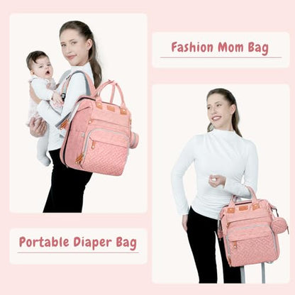 JOYCE Diaper Bag Backpack with Changing Pad, Water-Resistant, Pink | Portable changinag pad, insulated bottle pockets, stroller straps, pacifier case, Multi-Compartment storage - color: Pink