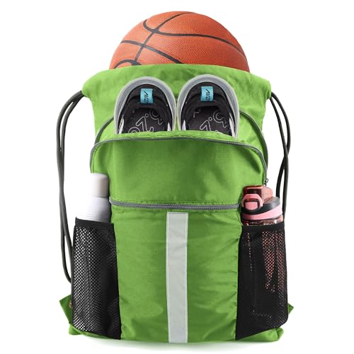 BeeGreen Drawstring Backpack Bag with Shoe Compartment, X-Large Black Gym Sports String Cinch Backpack - color: Lime
