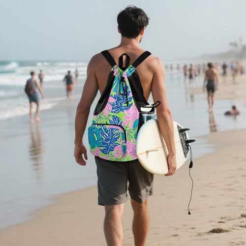 Drawstring Gym Sackpack With Pockets Drawstring Backpack For Swim with Wet Dry Compartments Tropical Colorful Leaves