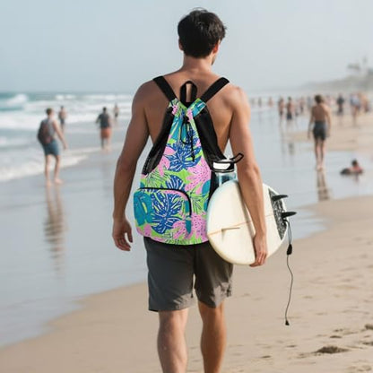 Drawstring Gym Sackpack With Pockets Drawstring Backpack For Swim with Wet Dry Compartments Tropical Colorful Leaves