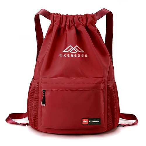 Drawstring Backpack for Women Men Sport Gym Bag Water Resistant Backpack Sandproof Beach Bag With Mesh Pockets (Red) - color: Red
