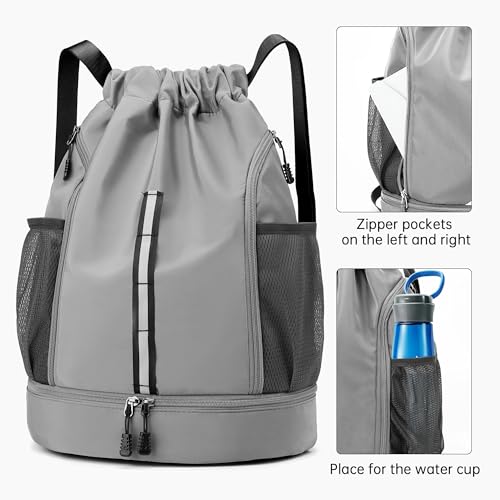 Sport Gym Bag Drawstring Backpack Beach Bag for Men Women with Shoe Compartment and Reflective Strips (Grey) - color: Grey