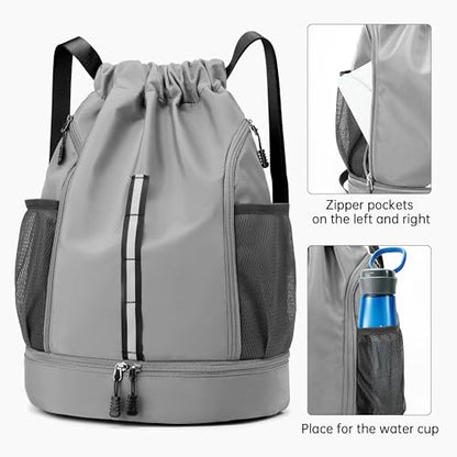Sport Gym Bag Drawstring Backpack Beach Bag for Men Women with Shoe Compartment and Reflective Strips (Grey) - color: Grey