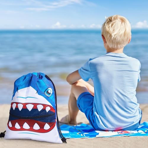 WAWASAM Kids Drawstring Backpack, Gym Swim Bag Cinch Bag for Girls Boys with Zipper Pocket - color: Shark a