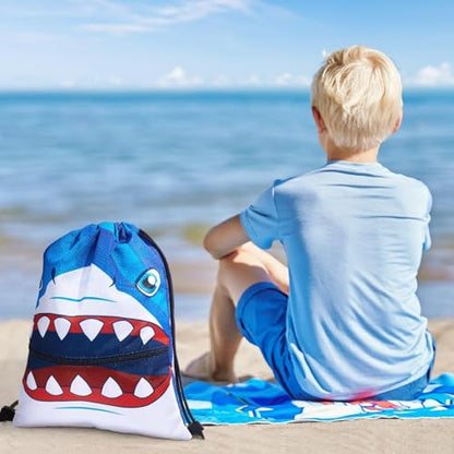 WAWASAM Kids Drawstring Backpack, Gym Swim Bag Cinch Bag for Girls Boys with Zipper Pocket - color: Shark a