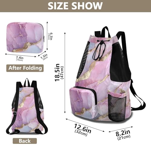 Drawstring Beach Backpack Gym Sackpack With Pockets String Backpack Bag Waterproof Marble Pink Silver - color: Color 16