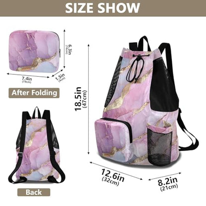 Drawstring Beach Backpack Gym Sackpack With Pockets String Backpack Bag Waterproof Marble Pink Silver - color: Color 16