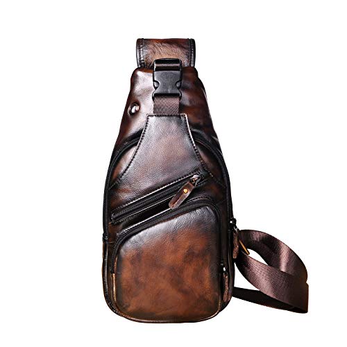 Le'aokuu Men Fashion Casual Tea Designer Travel Hiking Crossbody Chest Sling Bag Rig One Shoulder Strap Bag Men Leather 8015 | Fashion - color: Coffee