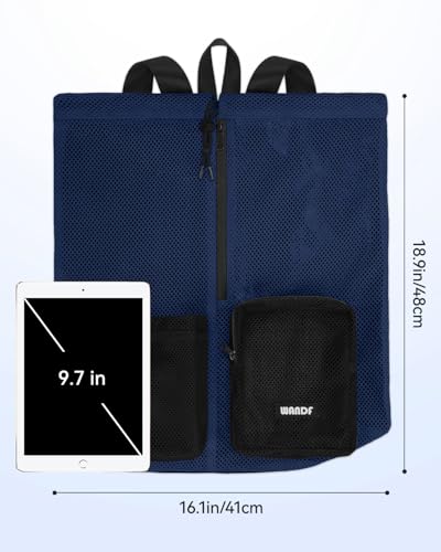 WANDF Swim Bag for Swimmers, Mesh Beach Backpack - color: Navy Blue With 2 Front Pockets, size: Large