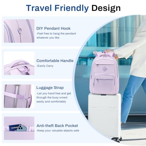 Sisipoet School Backpack for Girls, Lightweight Kids Bookbag Classic College Backpack for Teen Women with Luggage Strap, Age 8-18 Years Old, Purple - color: Purple