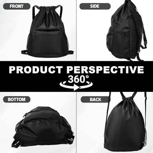 Tygelluis Drawstring Backpack, Waterproof Gym Bag with Water Bottle Pocket for Women Men, Pull String Sport Bag for Swim, Soccer and Basketball,Black - color: Black1