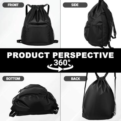Tygelluis Drawstring Backpack, Waterproof Gym Bag with Water Bottle Pocket for Women Men, Pull String Sport Bag for Swim, Soccer and Basketball,Black - color: Black1
