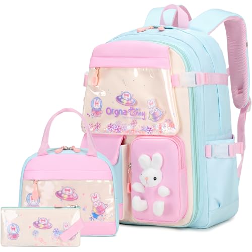 FIXITOK Girls Backpack Set, 3PCS Kids Backpack for Girls, Kawaii Bunny School Backpacks for Girl Kindergarten Elementary Preschool Middle School Bags with Lunch Box Pencil Case Aquamarine - color: Aquamarine