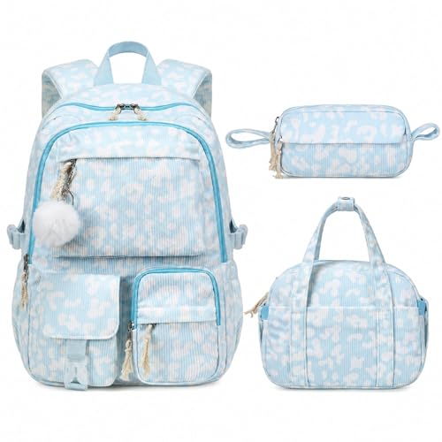 Backpack for Girls, 3PCS Corduroy Girls Schoolbag Set with Lunch Bag & Pencil Pouch, Lightweight Teen Girl Backpacks for Elementary Middle High School Bookbag Laptop Bag Travel Daypack - color: Blue Cheetah