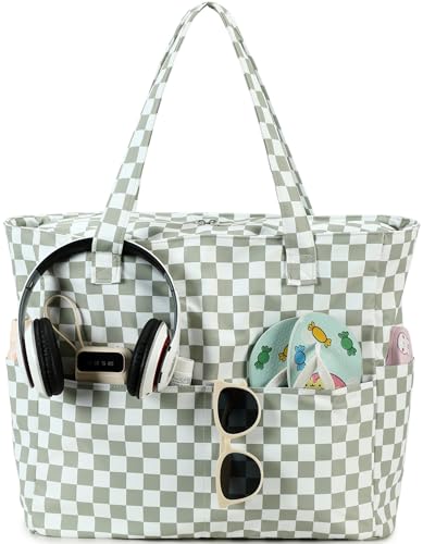 LEDAOU Beach Bag Waterproof Sandproof Women Beach Tote Pool Bag with Zipper for Swim Gym Grocery Travel with Wet Pocket | Sandproof - color: Grid-grass Green2