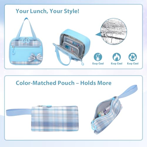 Alrisg Girls School Backpack Preppy Plaid Bookbag Lightweight Backpack for Girls Elementary Middle School Bow Blue Set - color: Blue, size: 17in Set