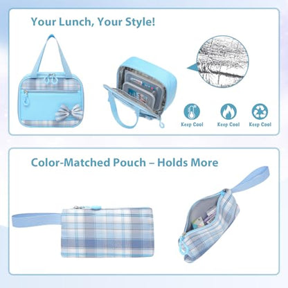 Alrisg Girls School Backpack Preppy Plaid Bookbag Lightweight Backpack for Girls Elementary Middle School Bow Blue Set - color: Blue, size: 17in Set