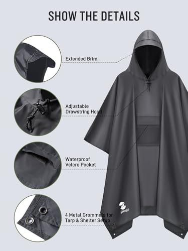SaphiRose Extra Thick Hooded Rain Poncho Double Layer Waterproof Raincoat Jacket for Men Women Adults - color: Grey