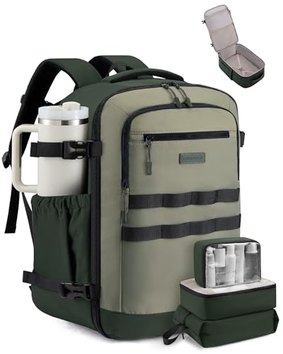 LOVEVOOK 40L Travel Backpack for Women & Men, TSA Approved Carry On Backpack with 3 Packing Cubes, Waterproof Personal Item Bag Fits 17" Laptop, Weekender Essentials Overnight Backpack for Trip - color: Pea Green, size: 40L-4PCS