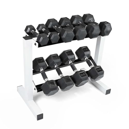 CAP 150 LB Dumbbell Set with 2-Tier Rack, Rubber Hex Free Weights Set, Home Gym Weight Set with Horizontal Storage Rack for Strength Training - color: White, style: 150bs Set - Comfort Handles