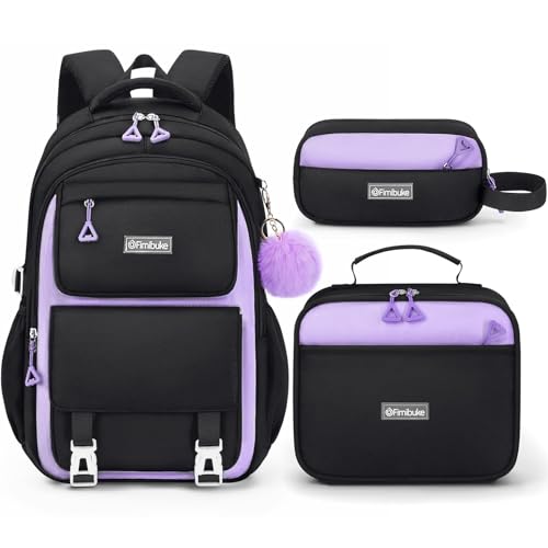 Fimibuke Backpack for Girls, 3 PCS Waterproof School Backpack with Lunch Box & Pencil Pouch for Kid Teen Girl, Cute Bookbag School Bag for Elementary Middle High School Student Ages 6+(Black & Purple) - color: Black & Purple