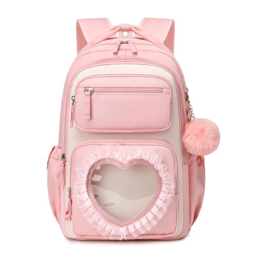MOONBABY Girls Backpack Set with Lunch Bag & Pencil Case for School, Cute Kawaii Ita Heart Window Bookbag, Large Kids Backpack for Girls Age 6-12, Elementary & Middle Schoolbag - color: Pink-white-set
