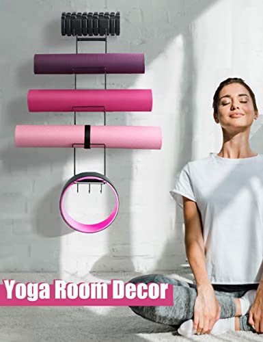 5-Tiers Yoga Mat Holder Wall Mount, Metal Storage Rack for Yoga Mat/Wheels, Foam Roller and Block etcs, Wall Rack Organizer with 3-Hooks for Hanging Stretching Strap & Resistance Bands（2 Pack）