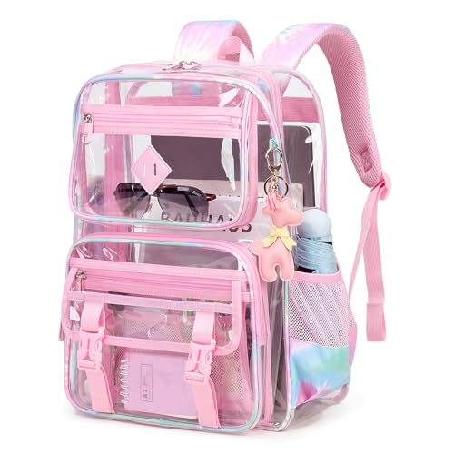 Sisipoet Clear Backpack for School, PVC Clear Bookbag Heavy Duty Transparent Backpack for Stadium Events See Through Bag - color: Pink Tie-dye