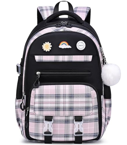 MOMUVO Backpack for Girls with Lunchbox, Kids Backpack with Lunch Box, Bookbag for Girls Kindergarten Elementary Preschool Middle School - color: Black Pink Sets