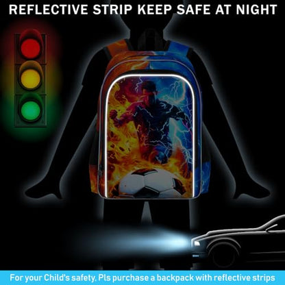 AGSDON 3PCS Boys Backpack for Boys, 17" Kids Bookbag with Lunch Box for Boy,Soccer Flame Thunder Backpacks Water Resistant and Lightweight for Teen - color: Football