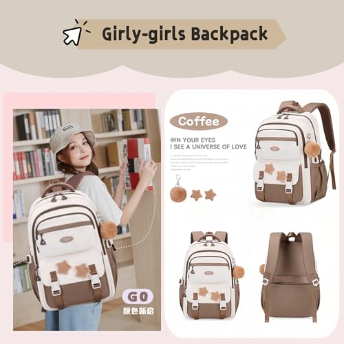 3Pcs Kids Backpack for Girls with Tote Bag, School Bags Bookbag for Girls Elmentary Middle School, with Furry Pendant, A08-3Pcs Coffee - color: A08-3pcs Coffee