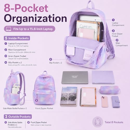 BTOOP School Backpacks for Teen Girls Bookbags Lightweight Kids Backpack School Bags Set with Lunch Box Pencil Case - color: Purple Bow