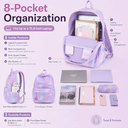 BTOOP School Backpacks for Teen Girls Bookbags Lightweight Kids Backpack School Bags Set with Lunch Box Pencil Case - color: Purple Bow