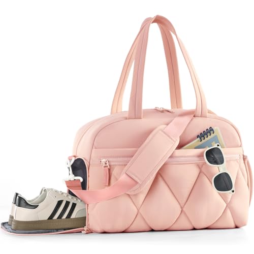 Gym Bag for Women, Puffer Travel Duffle Bag With Shoes Compartment & Wet Pocket, Carry On Tote Bag For Weekender, Overnight, Sport (Pink, Medium) - color: Pink, size: Medium