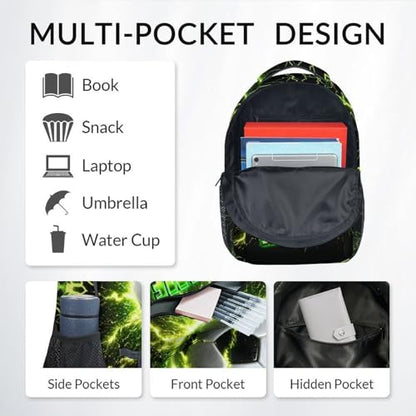 Personalized Kids School Backpack, Soccer Back Pack for Boys Teens Team Players - 17 Inch Large Capacity Sport Theme Bookbag for Primary - color: Green